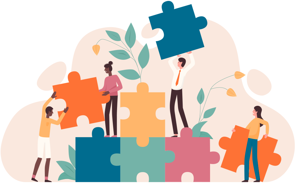 Illustration of business colleagues building a life size puzzle