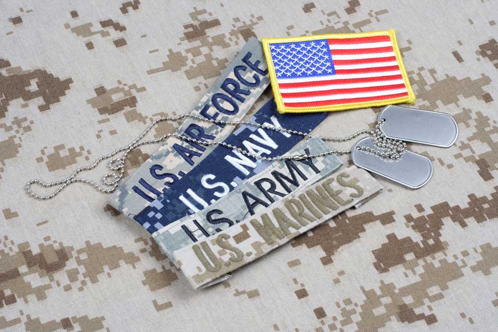patches for each of the four US Military branches: Army, Marines, Navy and Airforce